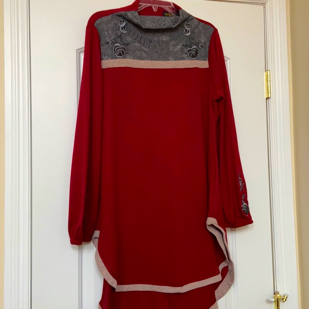 Reborn Red Long Sleeve Tunic with Gray Lace Yoke